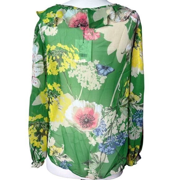 Gibson Latimer Green Floral Blouse Size Small NEW Sheer Ruffle Neckline - Picture 2 of 7